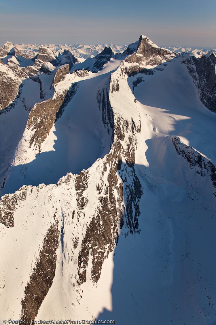 Aerial of the Arrigetch Peaks,  rugged granite spires in the central Brooks Range of arctic Alaska, Gates of the Arctic National Park. The name means 'fingers of the outstreched hand' in the Inupiat language.