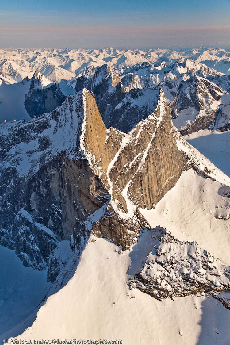 Aerial of the Arrigetch Peaks,  rugged granite spires in the central Brooks Range of arctic Alaska, Gates of the Arctic National Park. The name means 'fingers of the outstreched hand' in the Inupiat language.