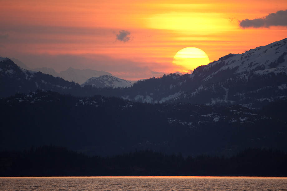 Sunset behind the Chugach Mountain range, southcentral, Alaska. Canon 5D Mark II, 500 mm f4, 1/1000 sec @ f5.6, ISO 400