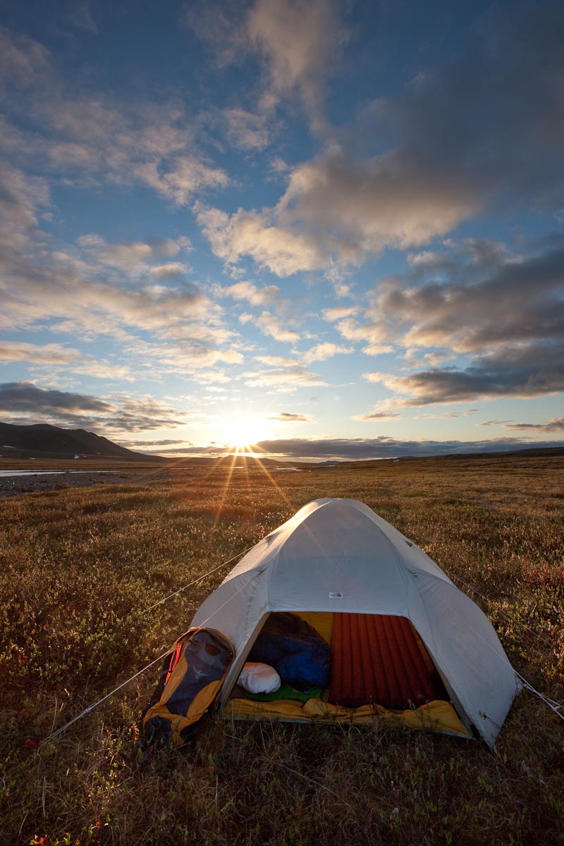 Camp along the Nigu river. 12:24am, and the sun never did set. Canon 1Ds Mark III, 16-35mm, 1/80 sec @ f/11, ISO 100