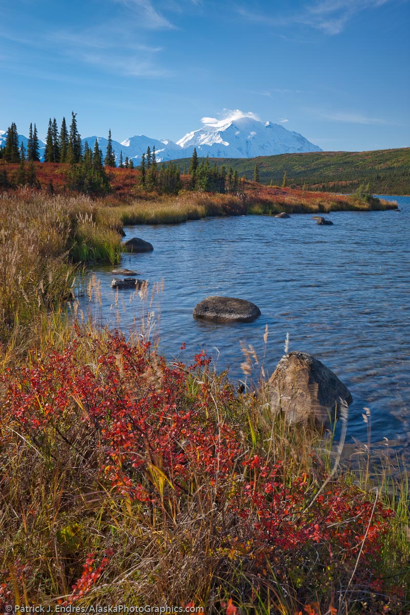 Autumn tundra, Wonder lake and the north face of Mt. McKinley, Denali National Park, Alaska. Canon 1Ds Mark III, 24-105mm (32mm), 1/8 sec @ f/18, ISO 50