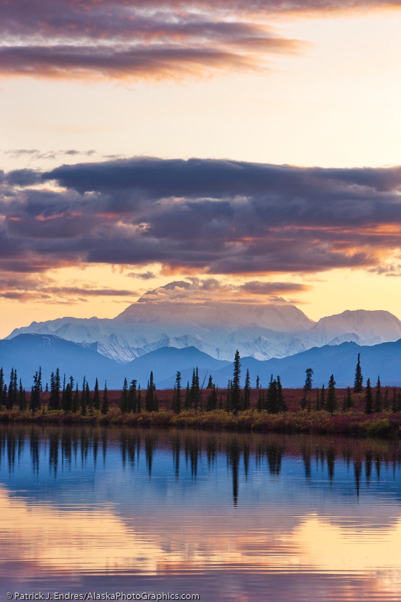 The north and south peaks of Mt. McKinley, "Denali" reflect in a pond at sunset. Canon 1Ds Mark III, 70-200mm, 1/5 sec @ f/14, ISO 50.