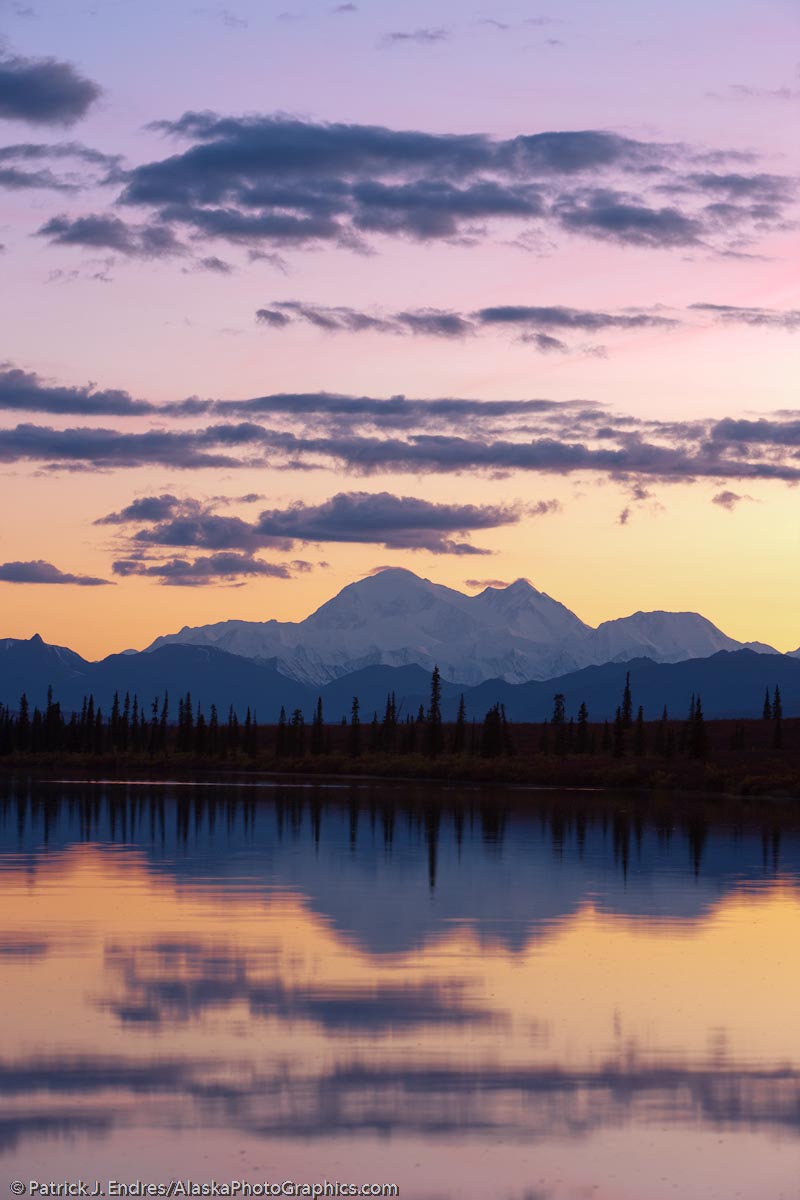 The north and south peaks of Mt. McKinley, "Denali" reflect in a pond at sunset. Canon 1Ds Mark III, 70-200mm, .08 sec @ f/10, ISO 100.