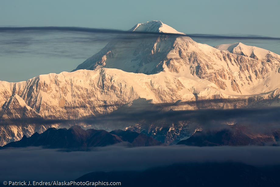 South and North Summits of Denali, or Mt. McKinley. The South Summit is the higher one (20,320 ft), while the North Summit has an elevation of 19,470 feet. Denali National Park, Alaska. Canon 5D Mark II, 400mm 5.6L, 1/80 sec @ f/11, ISO 100.