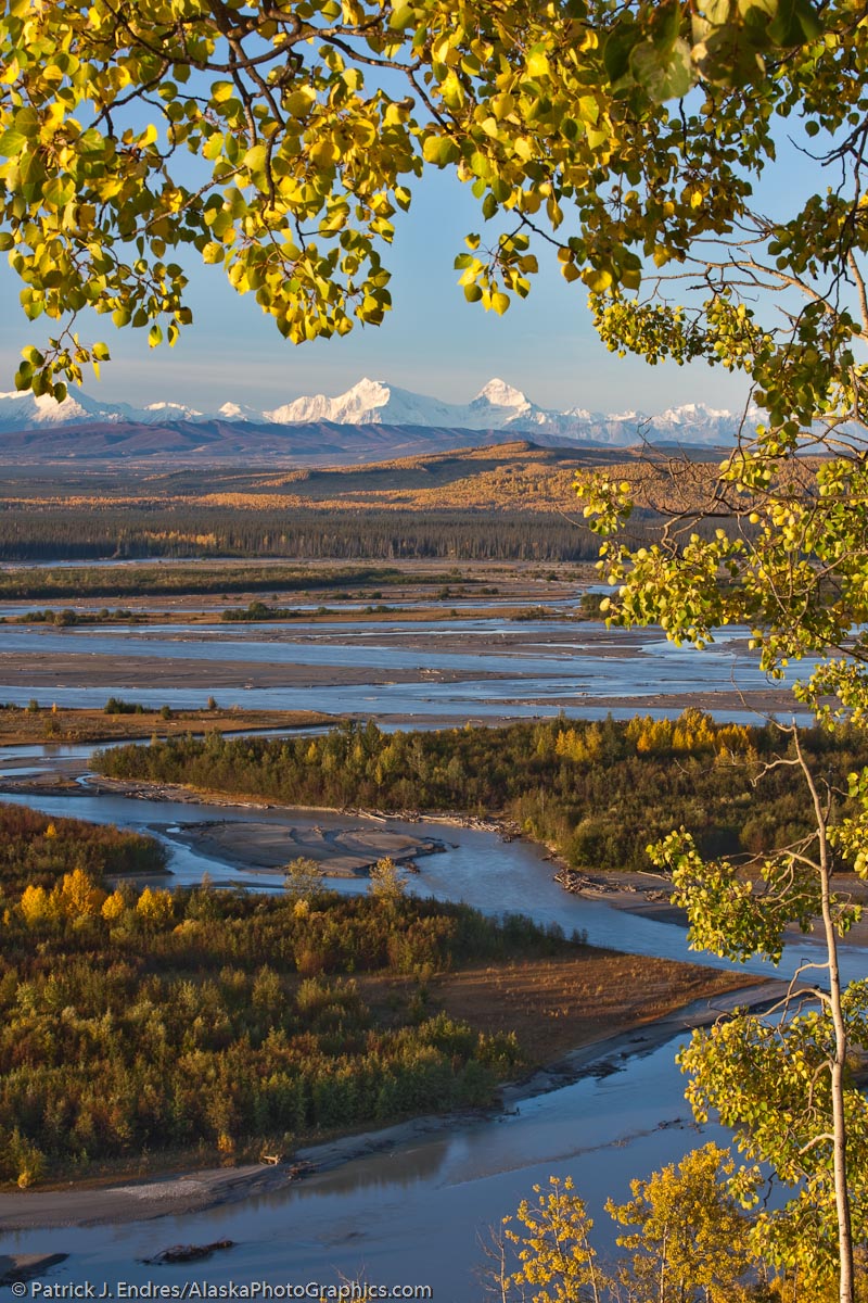 Mount Deborah and Hess of the Alaska Range, Tanana river in the foreground. Interior, Alaska.