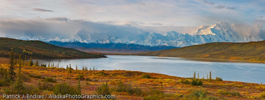 Morning light and clouds over Mt McKinley (Denali) North America's tallest mountain (20,320 ft) and Wonder Lake, Denali National Park, interior, Alaska. Canon 1Ds Mark III, 24-105 (70mm), 1/8 sec @ f/13, ISO 50