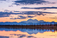 View of the north and south summits of Mt McKinley, locally called "Denali", North America's tallest mountain, 20,320 ft., from a small pond along the George Parks highway.