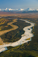 Aerial of Delta creek flowing out of the Alaska range mountains, interior, Alaska.