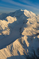 Muldrow glacier flows between Carpe (left) and Pioneer (right) ridges, down the western side of Mt. McKinley, north America's tallest mountain, Denali National Park, Alaska.