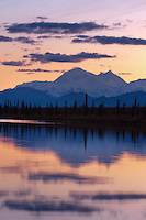 View of the north and south summits of Mt McKinley, locally called "Denali", North America's tallest mountain, 20,320 ft., from a small pond along the George Parks highway.