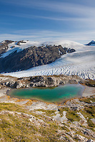 Mountain pond and the Exit glacier and Harding Ice Field, Kenai Fjords National Park,  Kenai Peninsula, southcentral, Alaska.