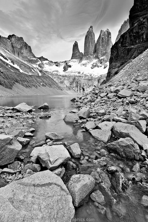 Black and white conversion. The Towers (Los Torres), Torres del Paine National Park, Chile. Canon 5D Mark II, 16-35mm f/2.8L, 1/80 sec @ f/16, ISO 100