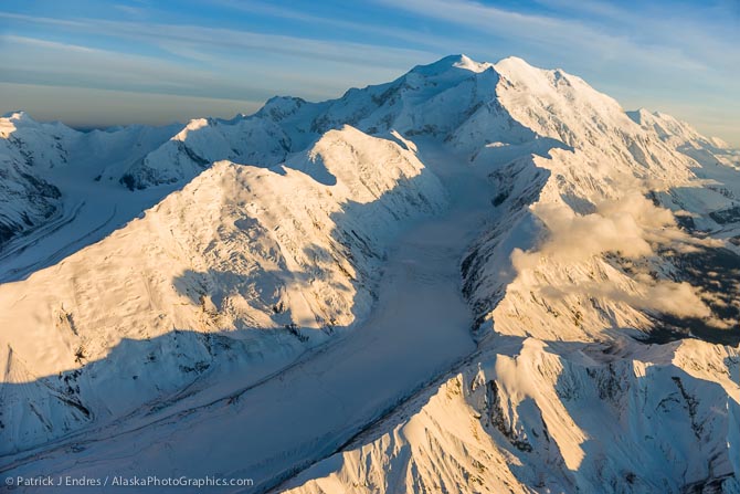 Muldrow glacier flows between Carpe (left) and Pioneer (right) ridges, down the western side of Mt. McKinley, north America's tallest mountain, Denali National Park, Alaska.
