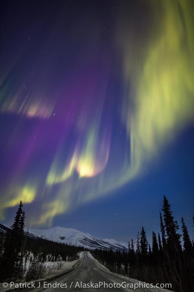The Aurora borealis over the James Dalton Highway in the Brooks Range of Alaska.