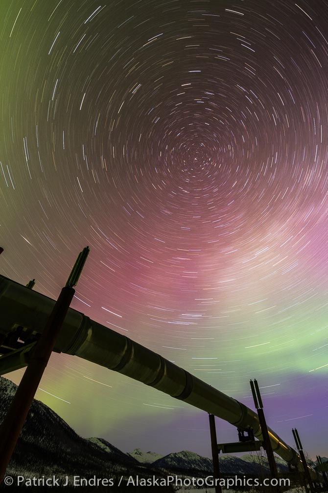 30 second star trail of the aurora and the trans Alaska pipeline, Arctic, Alaska. Canon 5D Mark III, 14-24mm f/2.8 Nikon, 30 sec @ f5, ISO 100