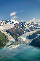 Aerial of the Chugach mountains and Barry, Coxe and Cascade glaciers which meet in Barry Arm, Prince William Sound, Alaska