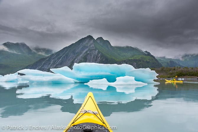 Kayaking in a lake near Bear Glacier, Kenai Fjords National Park, Alaska. Canon 5D Mark III, 24-105mm f/4L IS (32mm), 1/400 sec @ f/6.3, ISO 800.