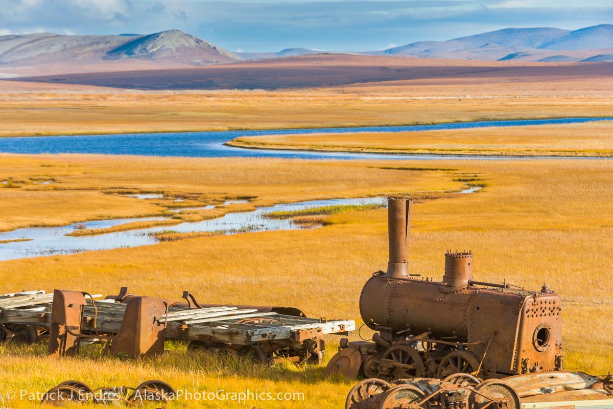 The Last Train to Nowhere, derelict steam engine, remnant of the Council City and Solomon River Railroad was abandoned on the tundra near Nome in 1907 when construction was stopped on a railroad.