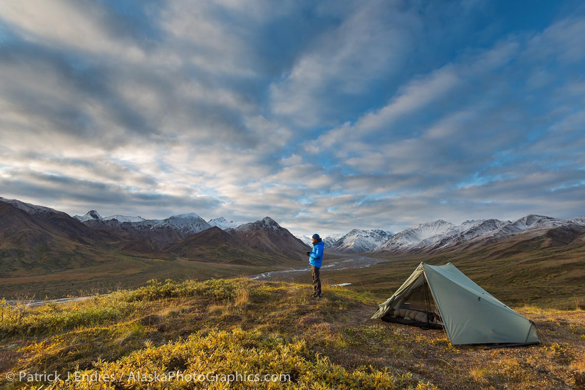 Morning coffee overlooking the Teklanika River. Canon 5D Mark III, 16-35mm f/2.8L , 1/50 sec @ f/8, ISO 100