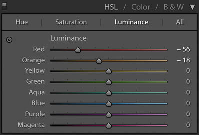 Luminance reduction using the color specific tool.