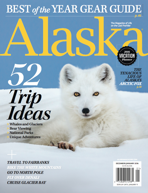 Arctic fox on the cover of the Dec/Jan issue of Alaska Magazine marks two decades of working with Alaska Magazine.